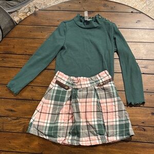 Janie & Jack Green Ribbed Long Sleeve Top with Pink & Green Plaid Skirt Size 4